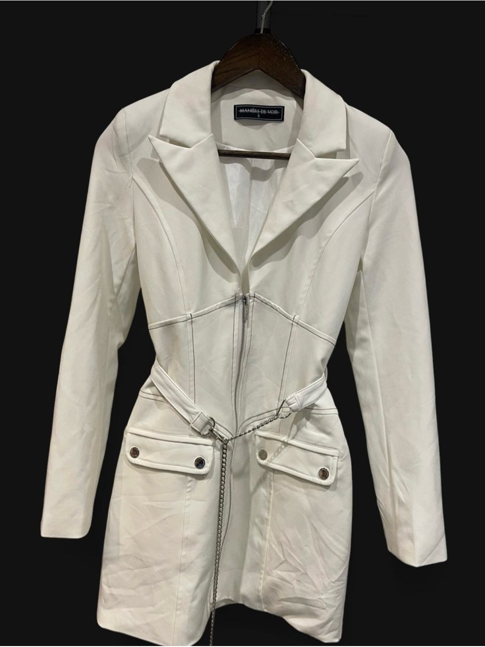 Maniere De Voir Cream Tailored Zip Blazer with Chain Belt